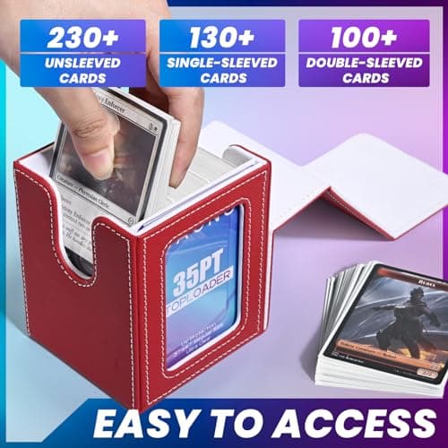 Card Deck Box with MTG Commander Display, Deck Case Holds 100+ Double-Sleeved Cards, Storage Box Fits TCG/PTCG/Sports Card with 2 Dividers, 1 Toploader (Red, White)