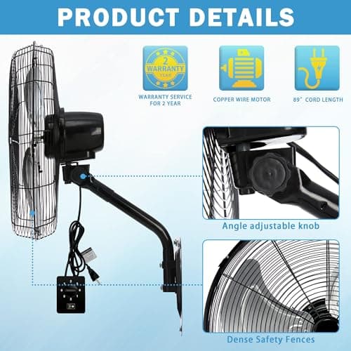 Wall Mount Fan Oscillating,Industrial Heavy Duty Metal 3 Speed Fan,20 Inch High Velocity Adjustable Tilt,Use for Garage, Shop,Warehouse, Patio, Factory and Homes.