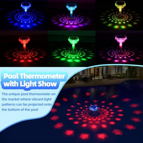 Solar Digital Pool Thermometer Floating Easy Read, Solar Pool Temperature Thermometer with Dynamic Light Show, Large LCD Screen & IP68 Waterproof Pools Water Temperature Guage for Hot Tub,Spa