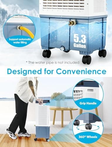 Air Choice Swamp Cooler, 1800 CFM Portable Evaporative Air Cooler with 6 Ice Box & 5.3 Gal Water Tank, 110° Swing, 3 Speeds, Upgraded Remote, 12H Timer, 3-in-1 Air Cooling Fan for Outdoor Indoor, Blue