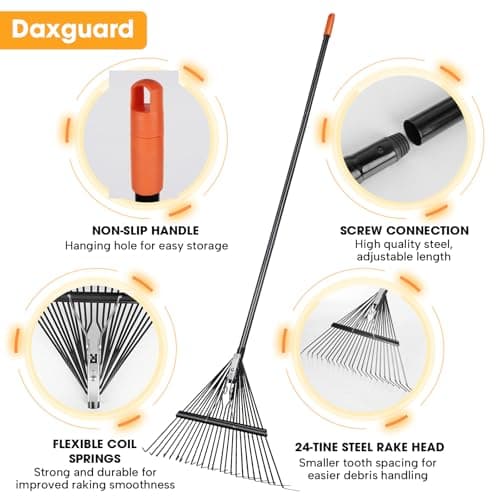 High-Carbon Steel Gardening Leaf Rake, Suitable for Raking Leaves and Lawn Tidying,Adjustable Split Long Handle 33-67", 24tines 23.2" Wide,Garden rake and thatch rake Suitable for Adults