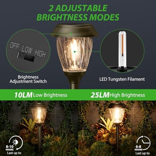 XMCOSY+ Solar Pathway Lights Outdoor, 10/25 LM in 2 Lighting Modes, Glass Stainless Steel Waterproof IP65 Solar Powered Garden LED Lights for Yard Lawn Driveway Walkway Landscape Decor(Warm White)