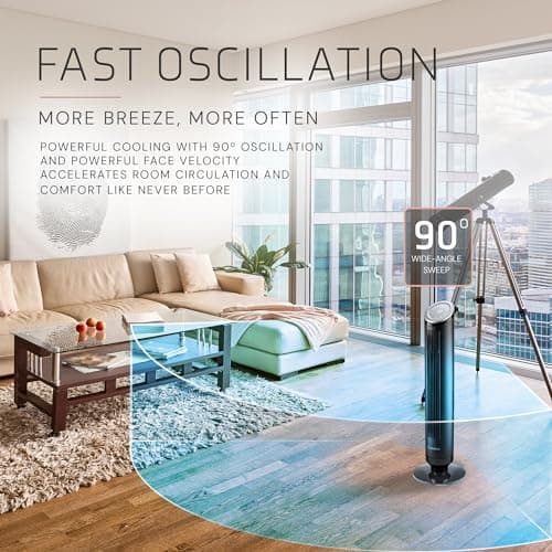 LASKO Ascend 36" Tower Fans for Home, 29 ft/s Airflow, Quiet 29dB on Low, 90° Oscillation, 12 Hour Timer, Air Filter for Hair & Dust, Remote, Black, OST100