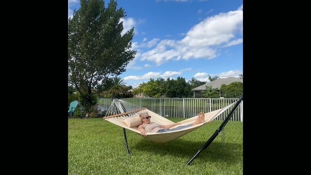 Lazy Daze Hammocks 12 FT Quilted Fabric Double Hammock with Spreader Bars and Detachable Pillow, 450 LBS Weight Capacity, Mixed Blue Stripes