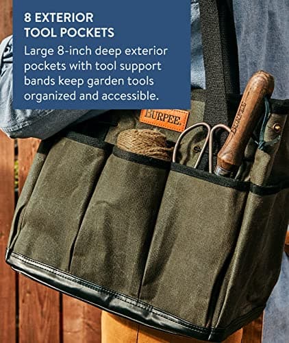 Burpee Waxed Canvas Garden Tool Tote | Heavy-Duty Tote Bag Storage Organizer for Gardening Tools | Great Gift for Gardeners | Canvas Tote Bag Caddy 8 Exterior Pockets for Tool Storage, 12" H x 14.5" W