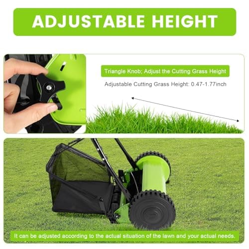 12-Inch Lawn Reel Mower, 5-Blade Push Reel Mower Manual Adjustable Cutting Height with 6 Gallons Grass Catcher Easy to Use for a Green Healthy Lawn