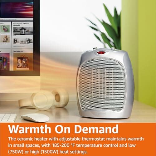 Amazon Basics Ceramic Space Heater, Portable Heater for Indoor Use, for Office and Home, With Overheat and Tip-Over Protection, Thermostat, Non-Oscillating, 1500W, Silver, 7.52"D x 6.34"W x 9.45"H