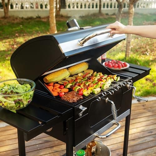 Royal Gourmet CD1824EN 24-Inch Movable Charcoal Grill with Foldable Side Tables, Outdoor Barbecue Grill with 490 Sq. In. Cooking Area for Outdoor Picnic and Camping Grilling, Black