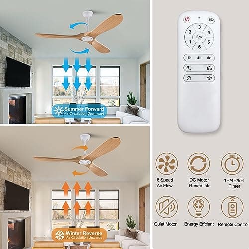 42'' Wood Ceiling Fan without Light, Modern 3 Blades Fans with Remote, Quiet Reversible DC Motor, Indoor Outdoor Energy Saving Ceiling Fan for Bedroom Living Room Patios
