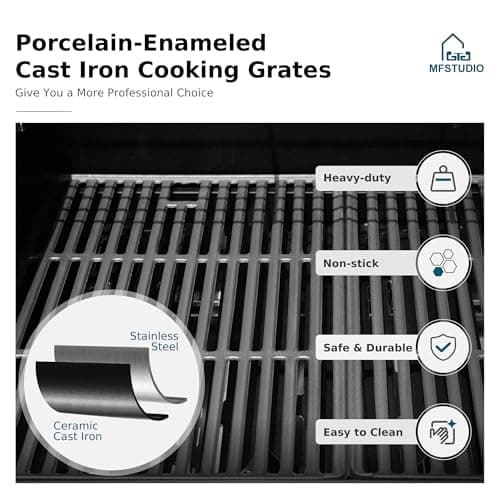 MFSTUDIO 4-Burner Propane Gas Grill, Stainless Steel BBQ Grill with Side Burner and Porcelain-Enameled Cast Iron Grates, High Heat Output Gas BBQ Grills for Barbeque and Outdoor Cooking