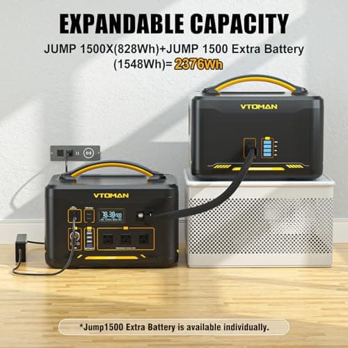 VTOMAN Jump 1500X Portable Power Station 1500W (3000W Peak), 828Wh LiFePO4 (LFP) Battery Powered Generator with Expandable Capacity, 3x Pure Sine Wave 1500W AC Outlets, 2xPD 100W, 3x Regulated 12V DC