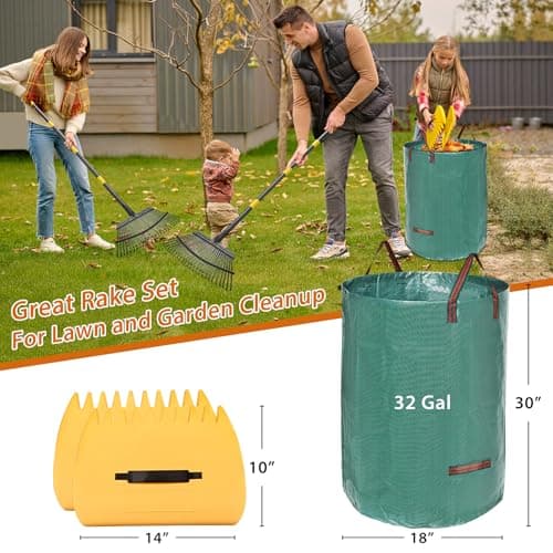 Rake,65 Inch Garden Leaf Rake Set, Wide Heavy Duty Leaves Raking Tools with 25 Metal Tines, 32 Gallon Leaf Bags and Scoops, Yard Garden Thatching Rakes for Lawn Flower Bed Grass Mulch Shrub
