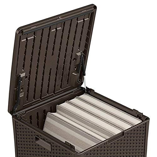 Suncast 60 Gallon Resin Outdoor Patio Storage Box, Water-Resistant Deck Storage Container, for Cushions, Garden Tools, and Outdoor Accessories, Java, Made in the USA