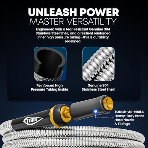 TITAN Garden Hose 25FT - 304 Stainless Steel Metal Water Hose, Flexible, Kink-Free, Lightweight, Durable, Crush Resistant Fittings, Easy to Coil, 500 PSI