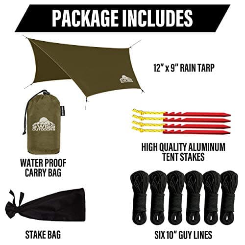 Rain Fly Tarp | Waterproof Tent Shelter Canopy | Lightweight Easy Setup for Hammock, Backpacking or Camp Gear | Premium Quality 12 x 9 ft |, Green Army