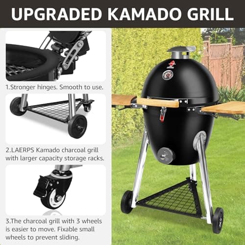 Large Kamado Charcoal Grill, Charcoal Grill with Smoker and Locking Lid, Kamado Charcoal Grill with Side Tray, Easy to Move and Clean, 18 Inches Large Charcoal Grills for Outdoor Cooking