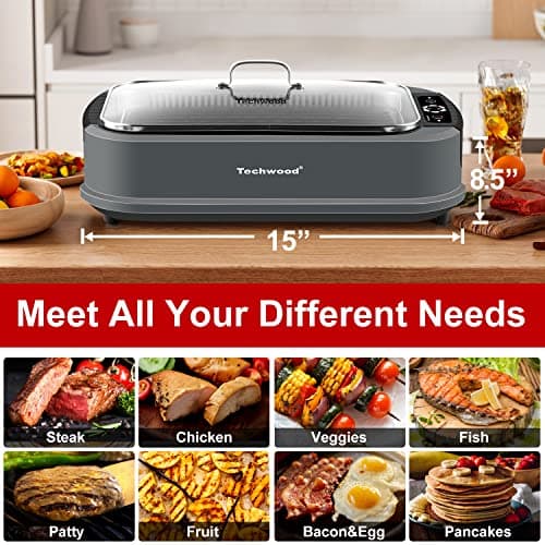 Techwood Indoor Grill Smokeless Grill, 1500W Indoor Korean BBQ Electric Tabletop Grill with Tempered Glass Lid, Removable Grill and Griddle Plates with Drip Tray, Gray