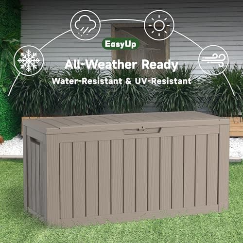 75 Gallon Outdoor Storage Box, Resin Waterproof UV-Resistant Deck Box, Reinforced Stability for Patio, Garden, and Poolside, Striped Beige