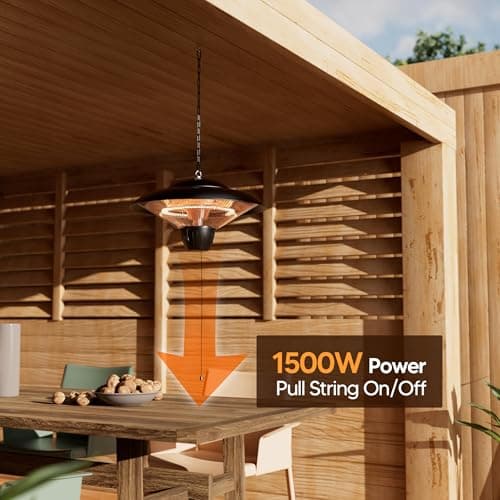 Outdoor Patio Heater, 1500W Electric Hanging Ceiling Mounted Heater for Balcony, Infrared Heater for Courtyard, Garage, Overheat Tip-Over Protection, Waterproof, Adjustable Height, Black