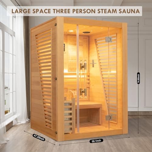 Smartmak Wood Home Steam Sauna, 3 Person Canadian Hemlock Traditional Luxurious Wooden Indoor Spa Room, with 3.5 kw Heater, Bluetooth Speaker, Rocks, Water Bucket, Spoon, Hygrothermograph, Lights