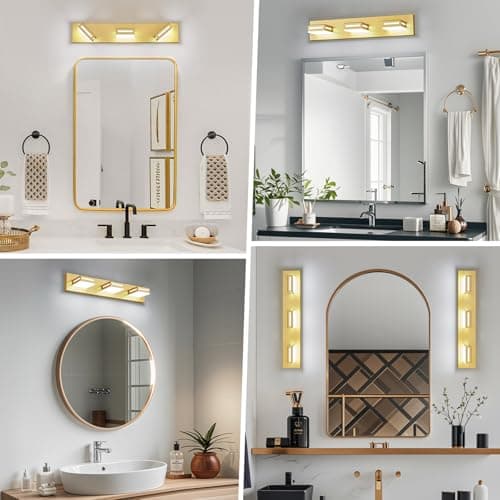 LED Modern Bathroom Vanity Light Fixtures (3-Light, 24-Inch), Acrylic Gold Bathroom Wall Lighting Fixtures Over Mirror (Cool White 6000K) with Rotatable Vanity Lights Heads