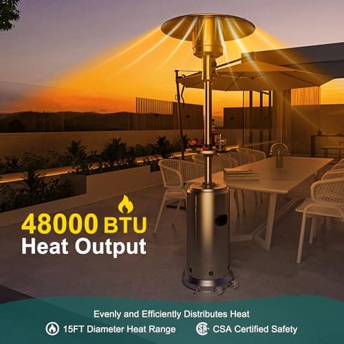Stainless Steel Propane Patio Heater,48000BTU Outdoor Gas Heater with Ignition Systems and Wheels, Deck Heater for Backyard Garden Restaurant Cafes,Double-Layer Burner,Cover Up 200 Sq.ft