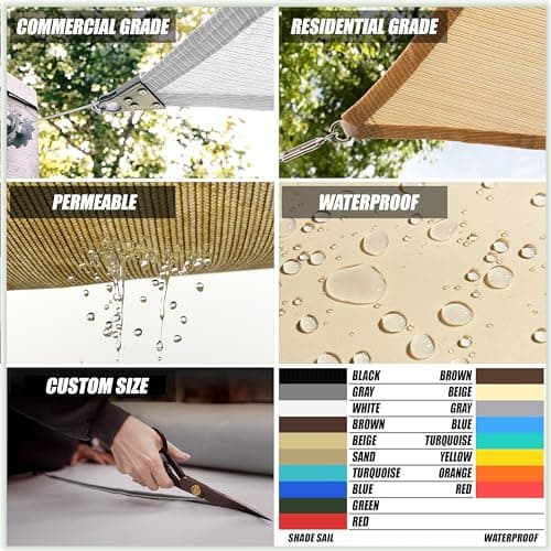 ColourTree 16' x 16' Beige Square Sun Shade Sail Mesh Canopy Fabric Cloth Screen - UV Block Heavy Duty & Commercial Grade, Outdoor Patio Carport (We Make Custom Size)
