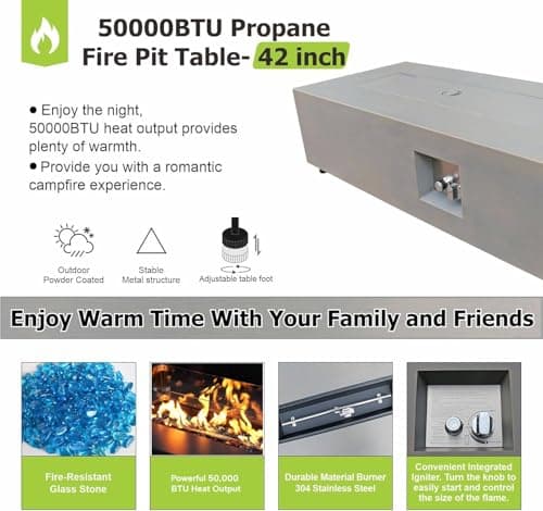 42" Rectangular Propane Fire Pit – 50,000 BTU Fire Table with Wind Guard Glass, Lid, Rocks and Cover – Backyard Fire Pits Outdoor – Propane Gas Fireplace for Deck or Patio (Grey, 42" Standard)