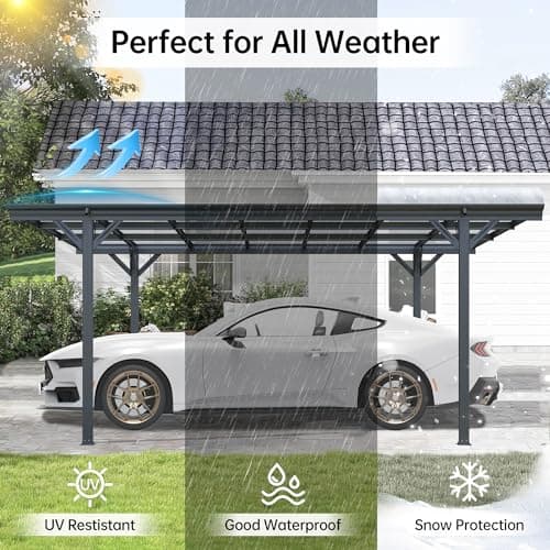 Real Relax Metal Carport 10 x 16ft with Heavy Duty Metal Frame & Pitched-Roof Polycarbonate Panel Canopy, Sturdy Canopy Shelter for Car, Truck, Pickup, SUV, Tractor, and Boat, Grey