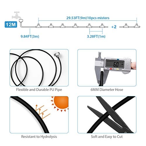 lifeegrn Misting Cooling System, Outdoor Misting System for Patio, 40 FT Misting Line+10 Mist Nozzles+3/4" Brass Adapter,Outdoor Mister System for Patio Garden Trampoline Greenhouse