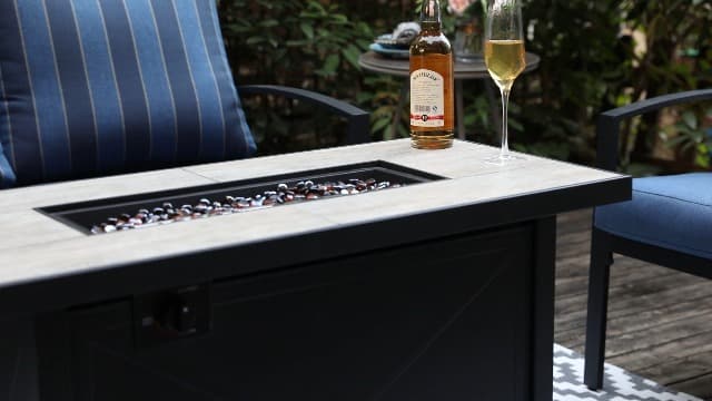 Nuu Garden Propane Fire Pit Table, CSA Certified 42 Inch 50,000 BTU Outdoor Propane Gas Cabinet Rectangle Fire Pit Table, Ceramic Tabletop, Rattan and Iron Frame, with Lid and Fire Glass Beads, Black
