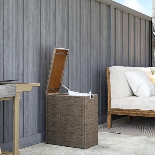 Outsunny 17 Gallon Wicker Small Deck Box, PE Rattan Outdoor Storage Box with Slatted Acacia Wood Flip Top for Indoor, Patio Furniture Cushions, Pool Supplies, Garden Tools, UV Resistant, Teak