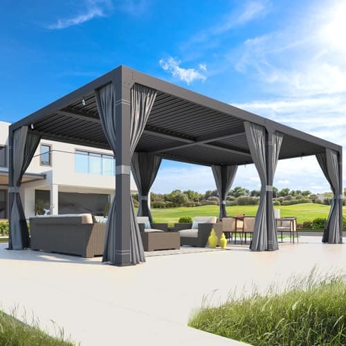 MELLCOM Louvered Pergola 12x24, Aluminum With Adjustable Roof, Outdoor With Waterproof Curtains and Nets, Dark Grey