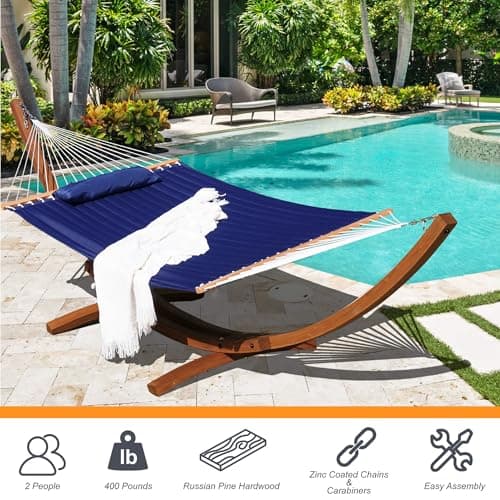 Lazy Daze Hammocks 12 FT Outdoor Arc Wood Hammock Stand, 2 Person Russian Pine Hardwood Hammock Stand with Carabiners and Chains, for Outdoor Patio Garden Yard Poolside, 450lb Capacity,Brown