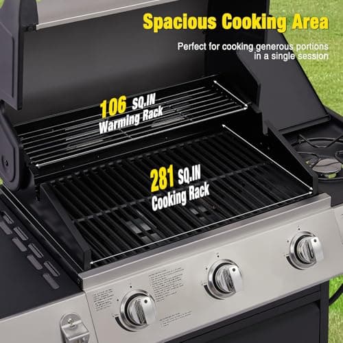 Unovivy 3-Burner Propane Gas Grill with Side Burner, Portable BBQ Grills with Oil Tray and Built-in Thermometer for Outdoor Barbecue, Camping, Patio, Backyard, 39,650 BTU