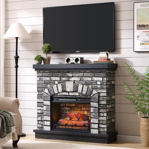 42" Electric Fireplace with Mantel, Farmhouse Fireplace TV Stand w/23'' Freestanding Electric Fireplace Heater, Remote Control, Adjustable 3D Realistic Flame Level for Living Room, Light Grey