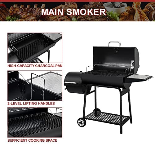 Royal Gourmet CC1830M 30 Inch Barrel Charcoal Grill with Offset Smoker & Warming Rack, Outdoor BBQ Grill with 811 Sq. In. Grilling Space for Backyard, Patio and Parties, Black