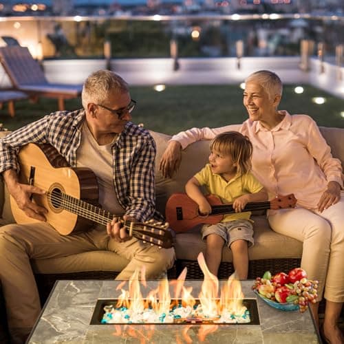 32'' Fire Pit Table with Natural Gas Conversion Kit, Marble Textured Ceramic Tabletop, 50,000 BTU Fire Table with Brown Wicker, Rectangle, Tank Required to Be Kept Outside.