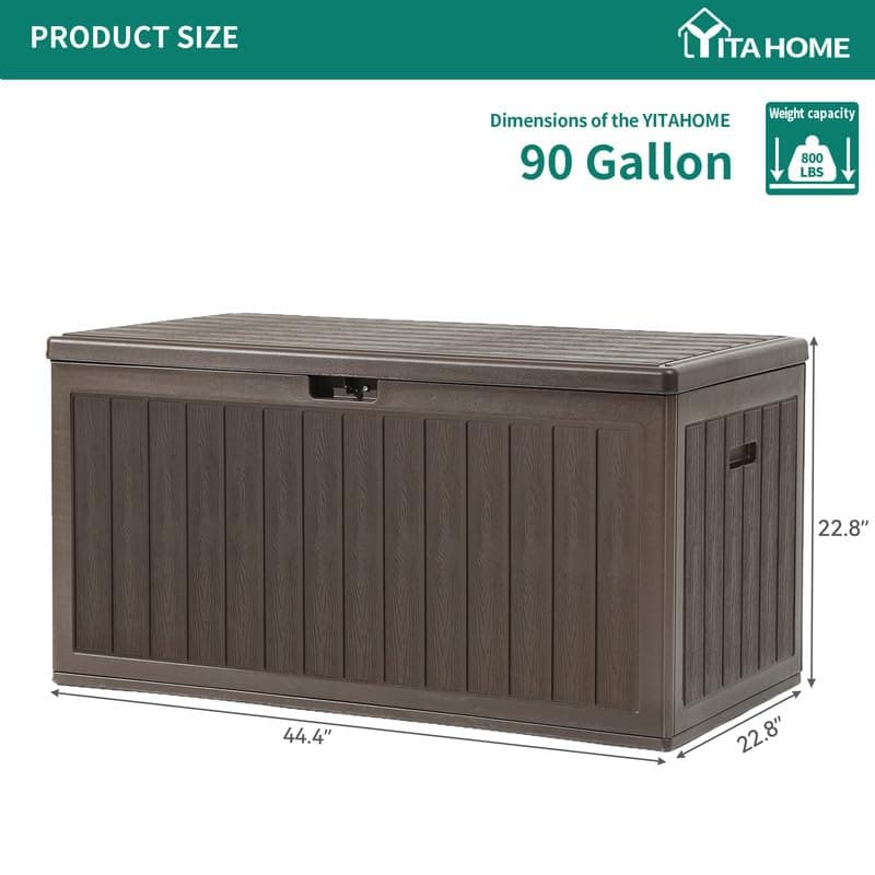 YITAHOME 90 Gallon Large Deck Box, Double-Wall Resin Outdoor Storage Boxes, Deck Storage for Patio Furniture, Cushions, Pool Float, Garden Tools, Lockable & Waterproof (Brown)
