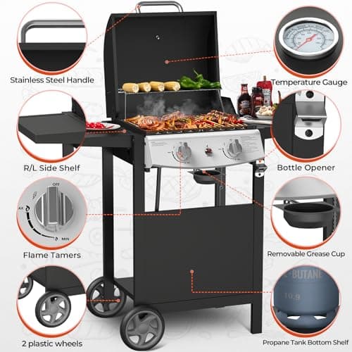 Propane Gas Grill 21000 BTU with 2-Burner,325 sq.in. Outdoor BBQ Grill for Barbecue Cooking with Top Cover Lid,Wheels,Side Storage Shelves,Barbeque Stove for Patio Garden Camping,Black