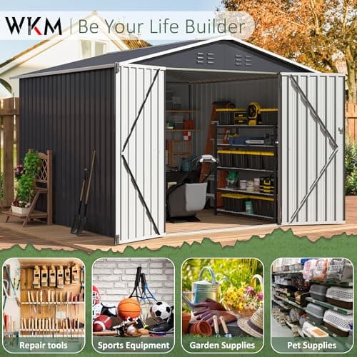 WKM 8x8 FT Outdoor Storage Shed, Utility Metal Tool Storage with Lockable Doors and Updated Frame Structure, Large Metal Garden Shed for Backyard, Patio Lawn, Black