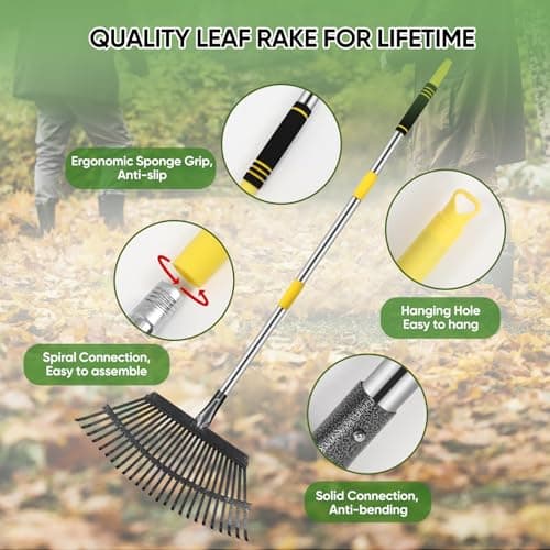 Rake Heavy Duty 6FT Long Garden Rake , 18.5 Inch Wide, 25 Metal Tines, Adjustable Stainless Steel Handle, Leaf Rakes for Leaves, Yards, Grass, Garbage, Weeds, Debris (Yellow)