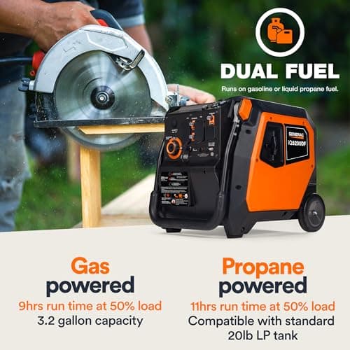 Generac 5,200-Watt Dual-Fuel Portable Inverter Generator - Gas and Propane Compatible - Compact and Lightweight Design - Clean, Stable Power - COsense Technology - Orange/Black - 49 State Compliant