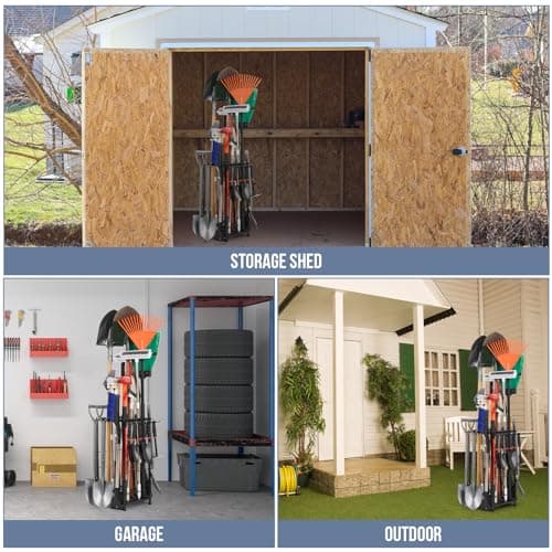 Garden Tool Organizer Holds 50 Long-Handled Tools/Rakes/Brooms/Shovles for Garage Organization and Storage, Shed, Outdoor, Lawn, Heavy-Duty Steel, Black, Easy Assembly (Corner Tool Organizer)