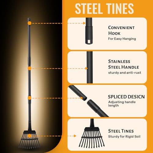 Small Garden Rake for Leaves,11 Tines Heavy Duty Metal Yard Hand Rake with 63in Long Adjustable Handle, Ideal Leaf Scoops Garden Tool for Gathering Leaves, Shrub,Poop, Leveling Grass,Flower Beds,Yards