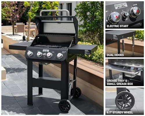 Monument Grills 4-Burner Liquid Propane Gas Grill, Matte Black Stainless Steel Burner Grill with Clearview® Lid and One Foldable Shelf for Outdoor Cooking Kitchen Patio Backyard Barbecue, Mesa420MF