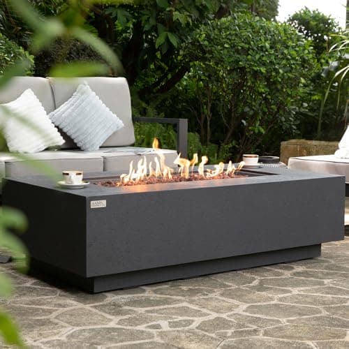 AMS Fireplace | Madison 60"x32" Rectangular Concrete Natural Gas Fire Pit Table | Dark Gray | Travertine (coarse) Texture Surface | Outdoor Patio Heater Electronic Ignition Outside Backyard Fireplace