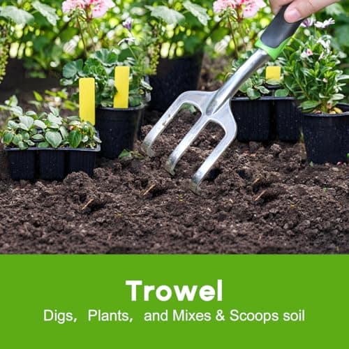 Garden Tool Set, 3 Pack Aluminum Heavy Duty Gardening Kit Includes Hand Trowel, Transplant Trowel and Cultivator Hand Rake with Soft Rubberized Non-Slip Ergonomic Handle, Garden Gifts