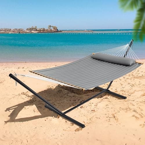 SUPERJARE Hammock with Stand, 2 Person Quilted Outdoor Hammock, Detachable Pillow & Bamboo Spreaders, Portable Hammock with Carrying Bag, Heavy Duty Stand, Perfect for Outside, Patio, Gray