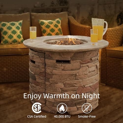 SUNBURY Outdoor Fire Pit Propane Round Fire Pit Table Fire Column, Stonecrest 40,000 BTU Gas Fire Pits for Outside w Lava Rocks, Waterproof Cover, CSA Certified